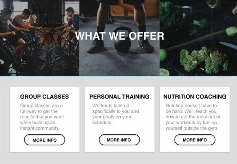 Great gym website designs make their core services prominent