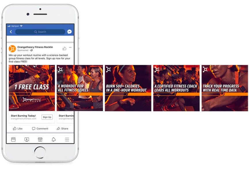 The Ultimate Guide to Running Profitable Facebook Ads For Your Gym 7 8. carousel ad for your local gym