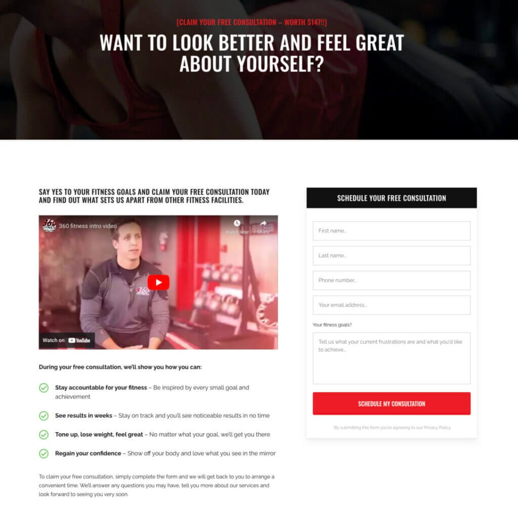 Great example of a landing page by 360 Fitness Personal Training