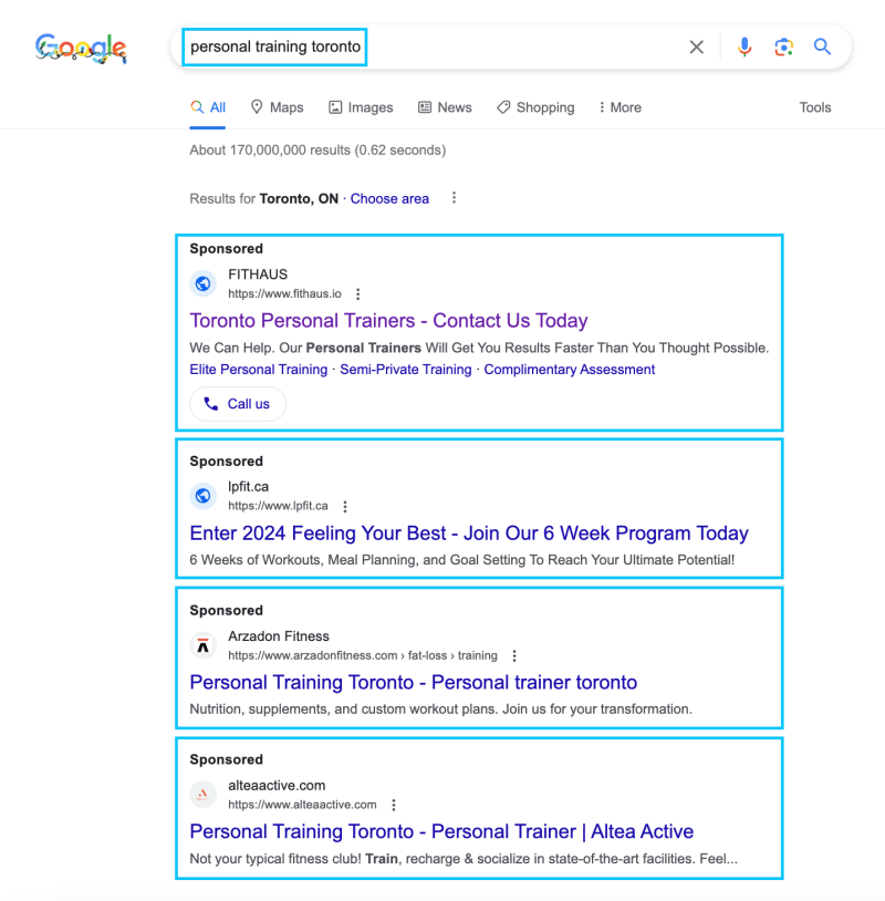 Example of how Google Ads look for Personal Training gyms in Toronto