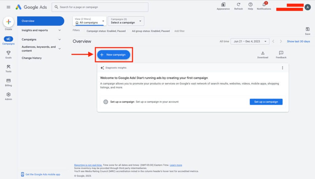 The Ultimate Guide to Running High-Converting Google Ads for Your Gym 2 Screenshot of how to create a new Campaign in Google Ads
