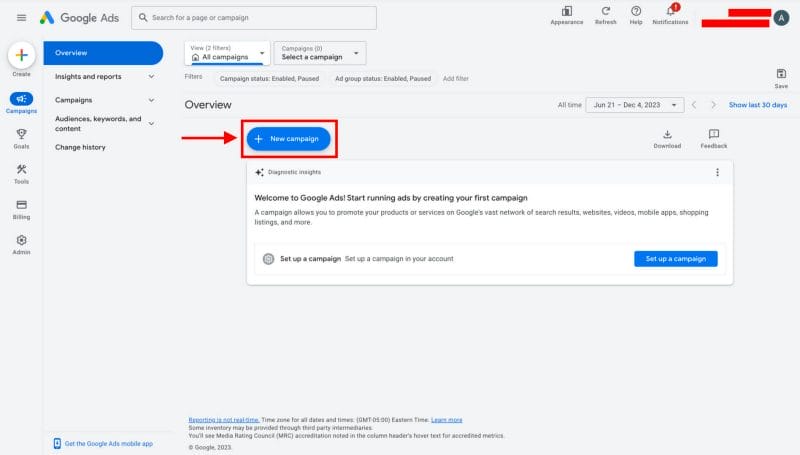 Screenshot of how to create a new Campaign in Google Ads