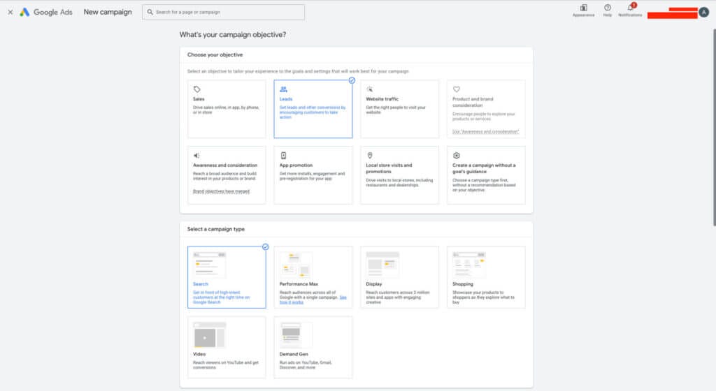 Screenshot of picking a objective for your Google Ads campaign