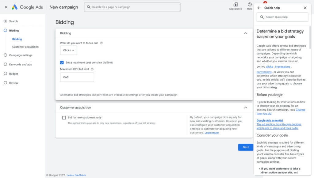 Select the spending limit for your Google Ads Campaign