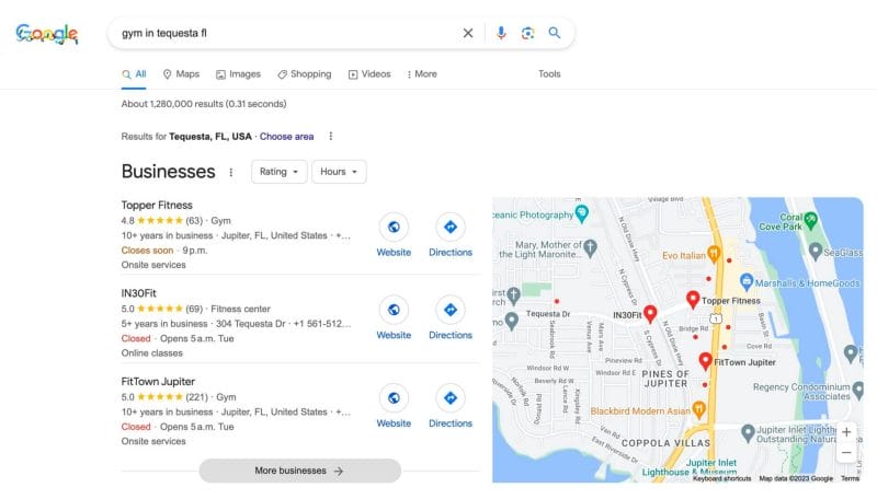 Google SERP for local gyms in Tequesta, FL
