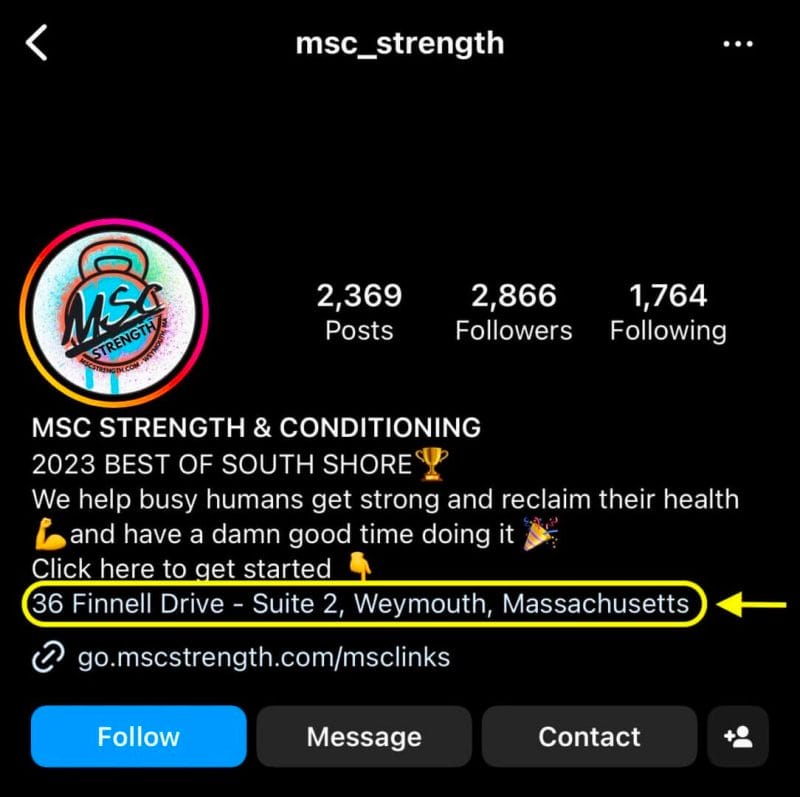 example of an instagram gym account with their physical address