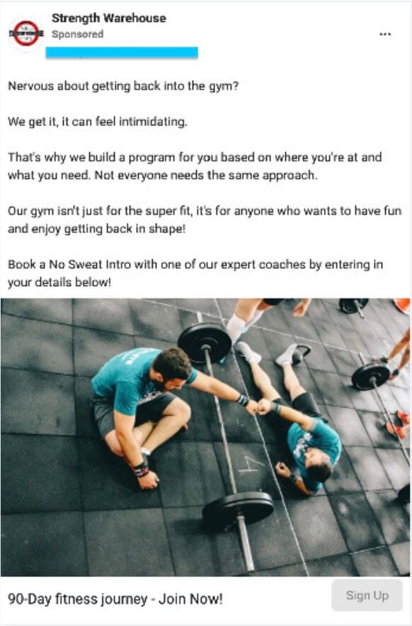 Strength Warehouse example of a curated add for Specific Gym Audiences