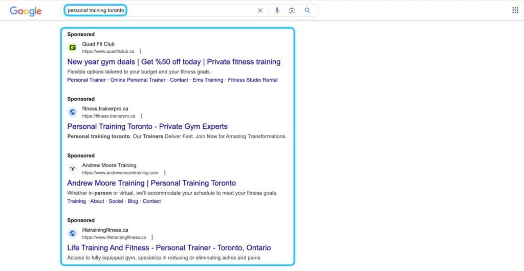 example of google ads for gyms