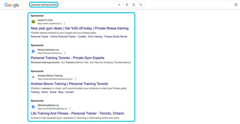 example of google ads for gyms