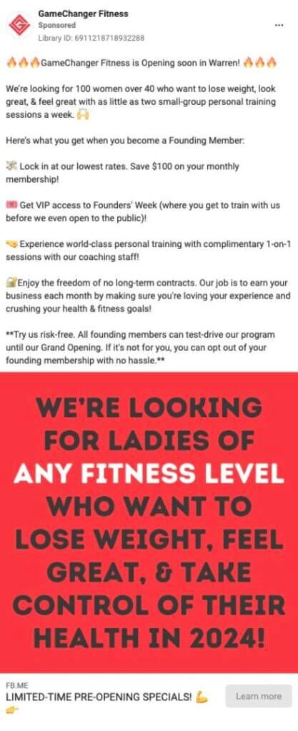 Example of a Gym's Facebook targeted ad for busy moms over 40