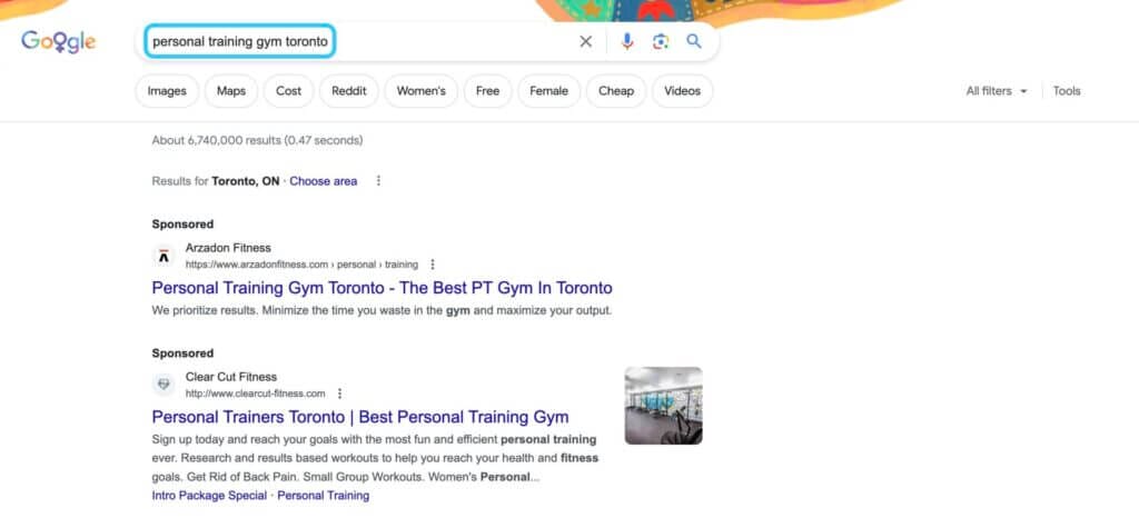 SERP for personal training gym in Toronto