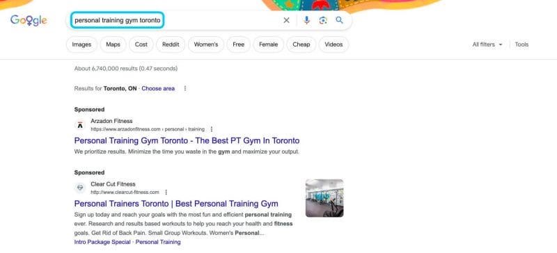 SERP for personal training gym in Toronto