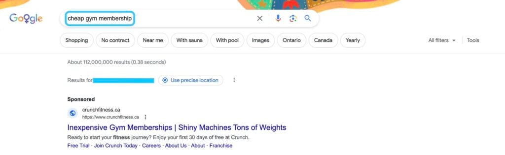 example of a transactional SERP of a personal training gym in Toronto