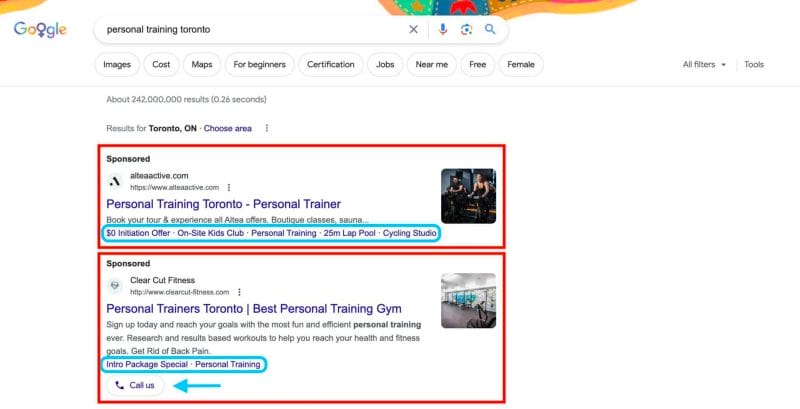 use ads extensions for your google ads for your gym