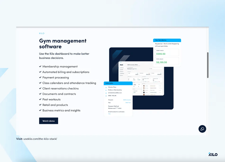 kilo gym management software features