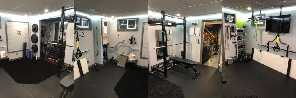 small gym equipment in a basement