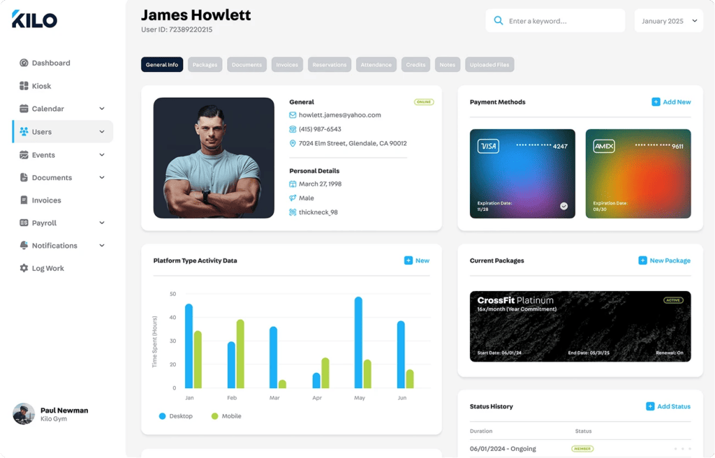 Kilo member profile dashboard showing user details, payment methods, attendance, and membership activity