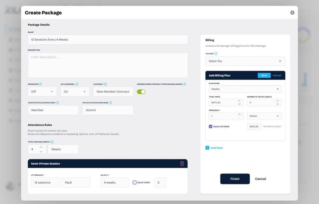 Kilo interface for creating a gym membership package
