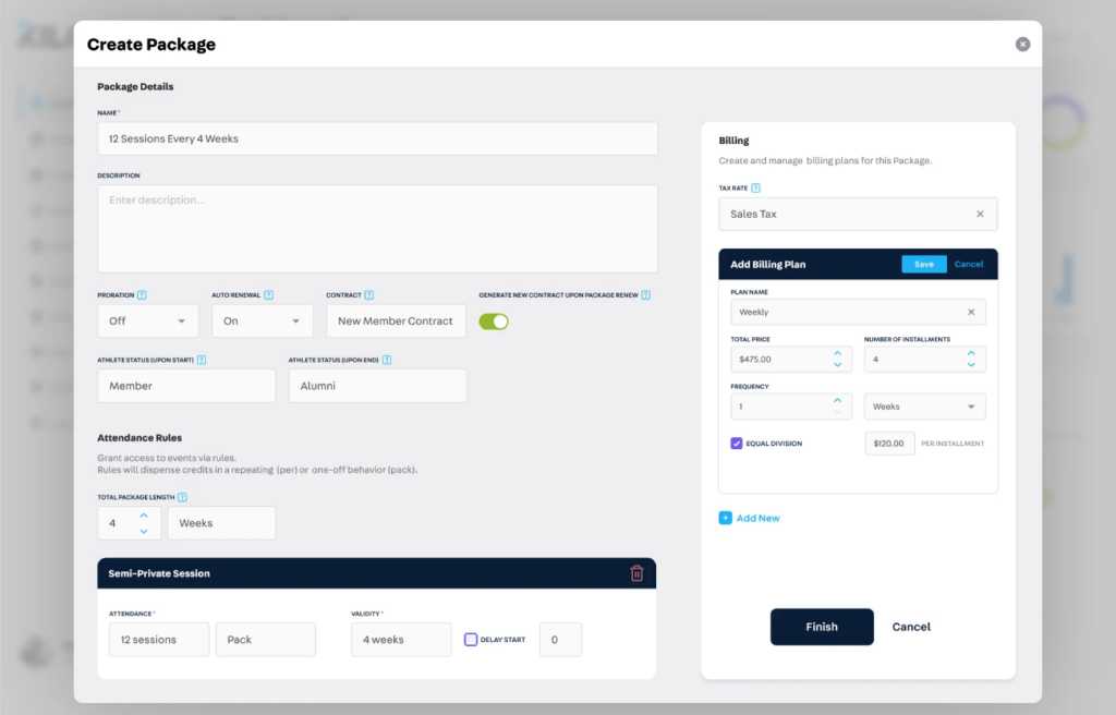 Kilo billing interface showing how to create and manage a custom membership package with pricing and payment schedule.