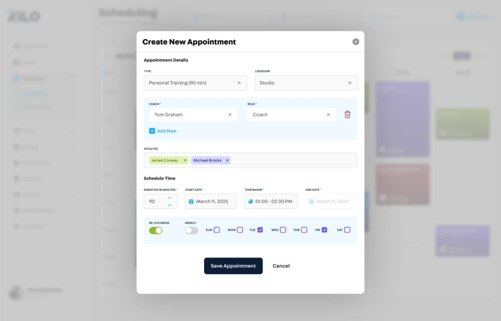 Kilo scheduling interface for creating and managing personal training appointments with coaches and athletes.